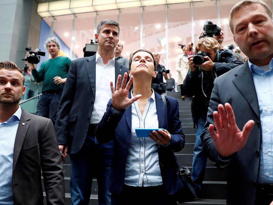 Petry leaves a news conference on September 25.