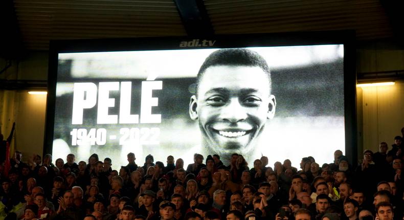 A tribute to Pele is shown on a screen ahead of the Premier League match at the City Ground, Nottingham. Former Brazil player Pele died on Thursday in Brazil at the age of 82