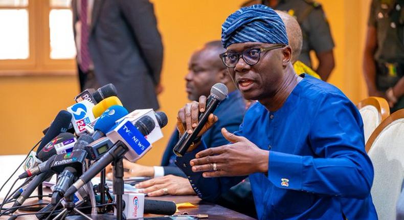 Sanwo-Olu addresses the press (Twitter @jidesanwoolu)