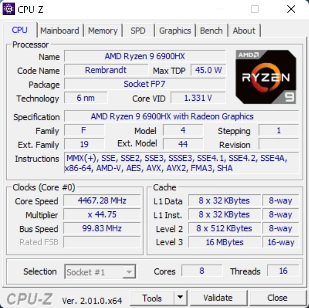 Asus ROG Zephyrus Duo 16 (GX650RX) – CPU-Z – specyfikacja procesora AMD Ryzen 9 6900HX