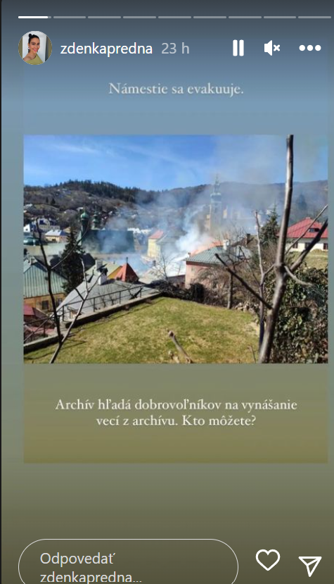 Zdenka zdieľala na Instagrame viaceré príspevky o požiari v Banskej Štiavnici.