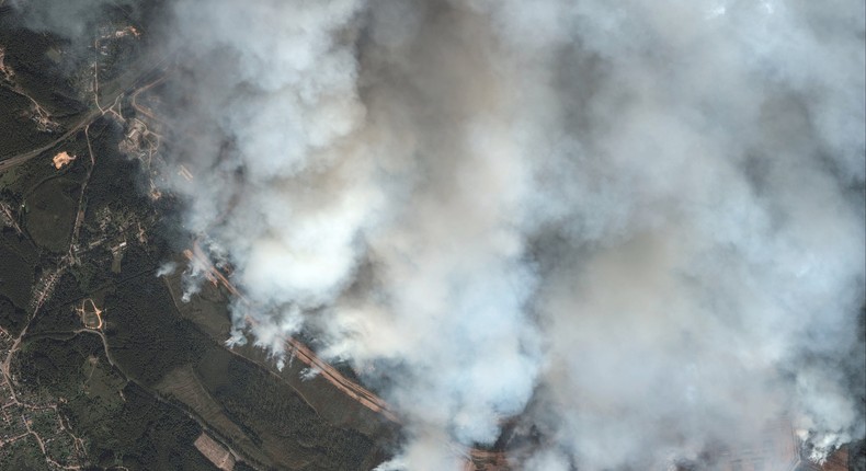 A satellite image shows an overview of the ammunition depot after the explosion in Toropets.Maxar Technologies