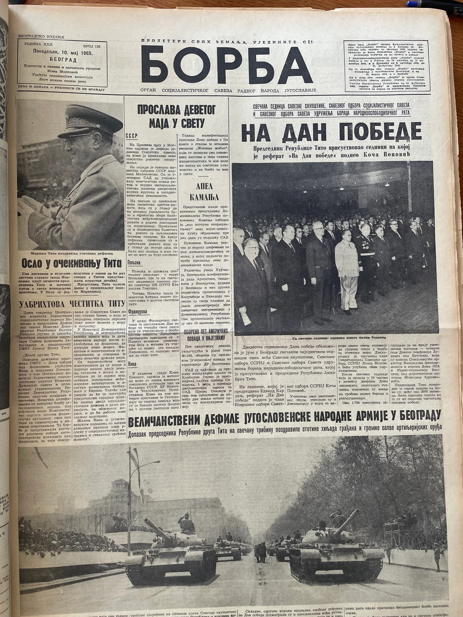 Naslovna strana "Borbe" 10. maja 1965.
