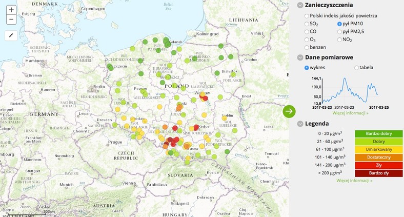 Stężenie pyłu PM10 - 2017-03-25 od godziny 04:00 do 05:00