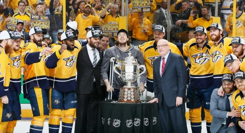 Ryan Johansen of the Nashville Predators celebrates with teammates after defeating the Anaheim Ducks 6-3 in Game Six of the NHL Western Conference finals, at Bridgestone Arena in Nashville, Tennessee, on May 22, 2017