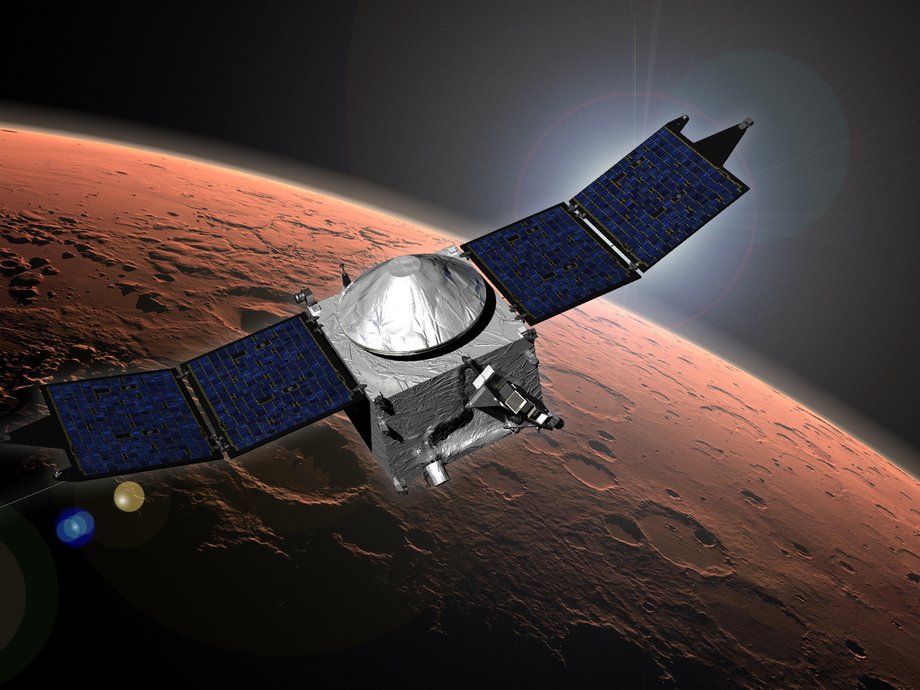 This image shows an artist concept of NASA's Mars Atmosphere and Volatile Evolution (MAVEN) mission.