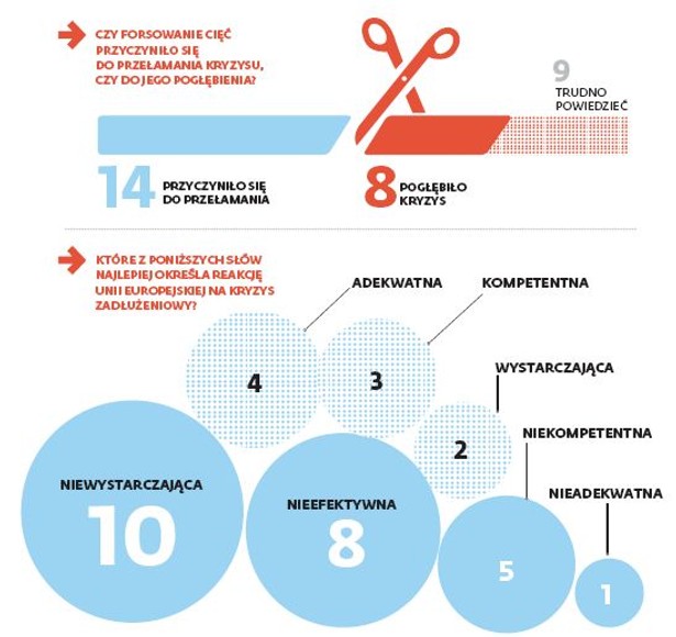 Ankieta została przeprowadzona wśród 33 ekonomistów (bankierów, pracowników instytucji finansowych i profesorów akademickich). Liczba odpowiedzi jest niekiedy niższa, gdyż niektórzy ankietowani zastrzegli sobie prawo do niewypowiadania opinii. Czy przeforsowanie cięć przyczyniło się do przełamania kryzysu czy do jego pogłębienia? Prawie jedna trzecia respondentów nie ma zdania. Ankietowani w większości jednak negatywnie ocenili reakcję UE na kryzys zadłużeniowy.