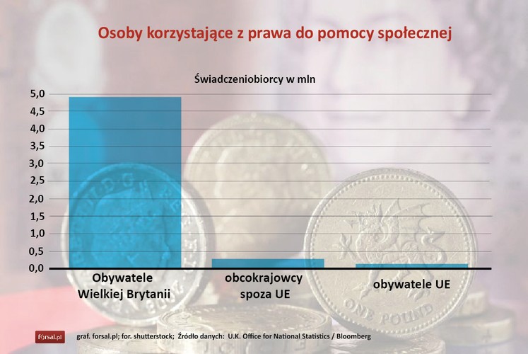 W badaniu NatCen British Social Attitudes Survey, przeprowadzonym w 2013 roku, a opublikowanym w czerwcu 2014, 24 procent respondentów odpowiedziało, że najczęstszym motywem migracji jest poprawa warunków bytowych, w tym zasiłki i opieka społeczna.
<br>
Podczas legalnego pobytu w Wielkiej Brytanii obcokrajowcy mają prawo do pomocy społecznej. Jednak przytłaczająca większość osób korzystających z pomocy społecznej, takiej jak z diety i renty dla osób poszukujących pracy, to Brytyjczycy. Z łącznej liczby 5,3 mln osób korzystających z systemu pomocy, aż 93 procent to osoby z brytyjskim obywatelstwem, a tylko 7 proc. to obcokrajowcy.