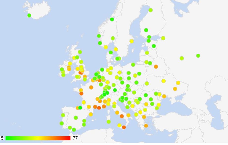 Mapa miast Numbeo. Im bardziej kolor jest czerwony, tym miasto jest niebezpieczniejsze