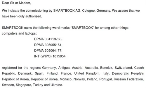 Fragment pisma, które otrzymaliśmy z firmy Smartbook AG