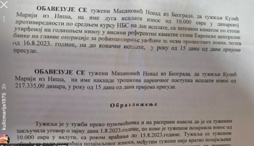 Marija Kulić slikala papir iz suda:  Evo koliko su joj dužni Ivan Marinković i Bebica
