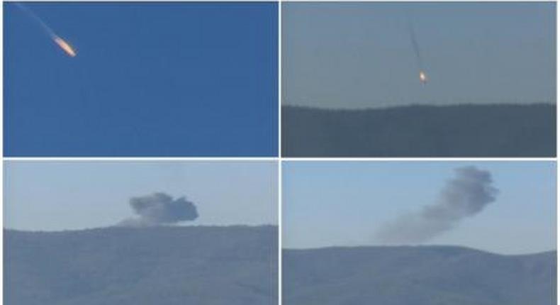 A combination picture taken from video shows a war plane crashing in flames in a mountainous area in northern Syria after it was shot down by Turkish fighter jets near the Turkish-Syrian border November 24, 2015.