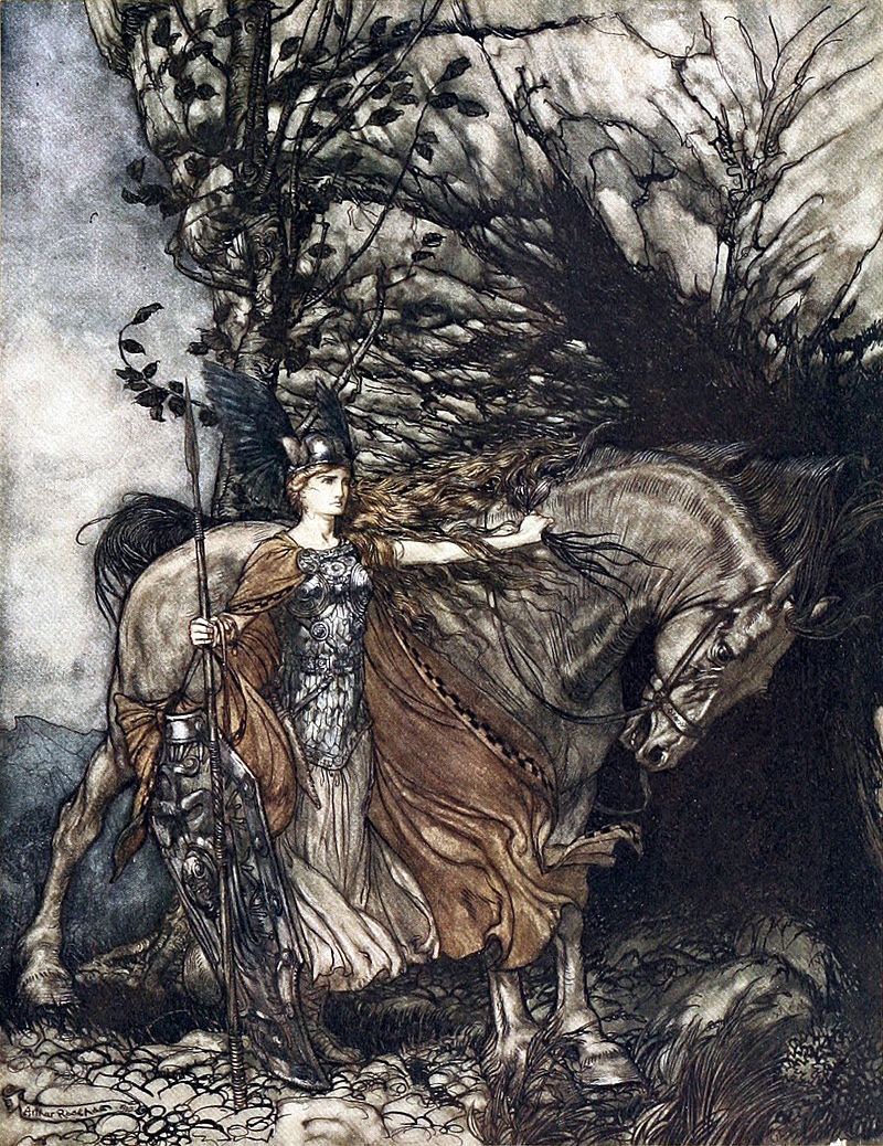 Ilustracja przedstawia walkirię Brunhildę zmierzającą na spotkanie z Siegmundem (domena publiczna).