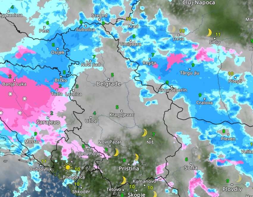 Kretanje padavina u petak u 18 časova 