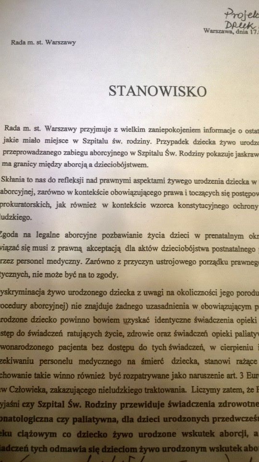 Projekt stanowiska Rady Warszawy