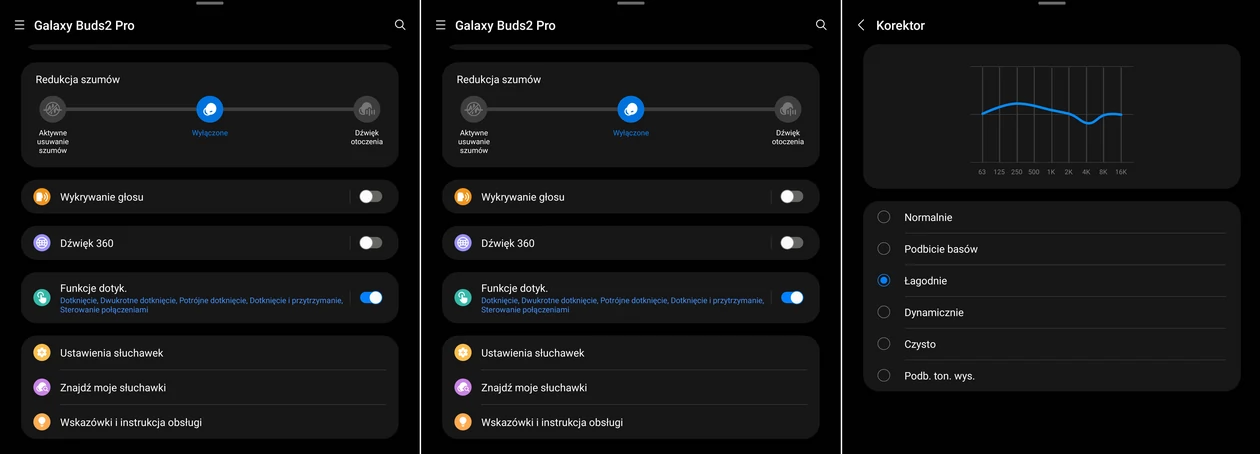 Podstawowe ekrany aplikacji sterującej Galaxy Buds 2 Pro (kliknij, aby powiększyć)