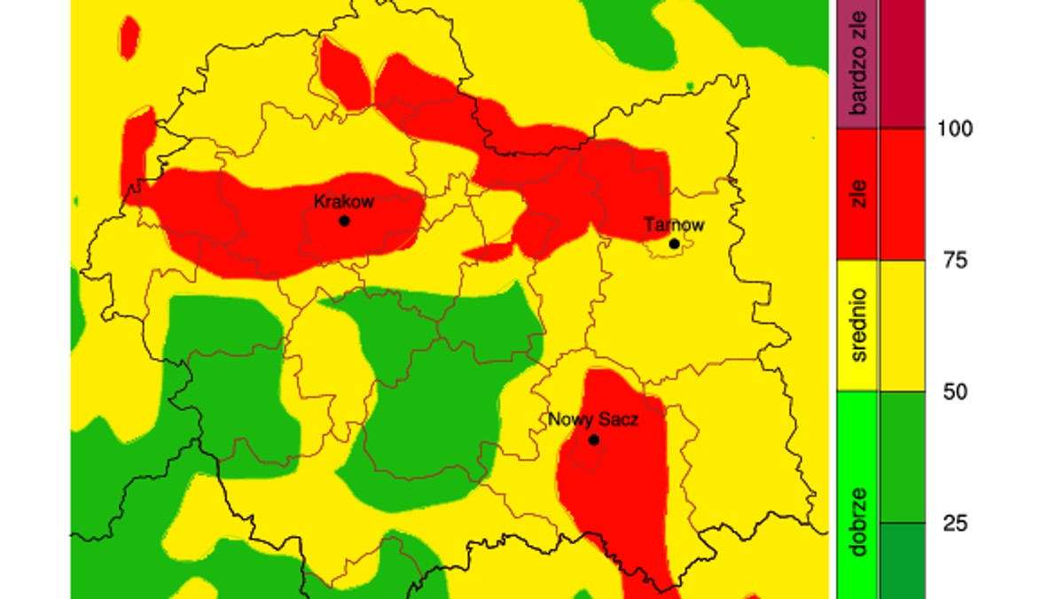 Dwukrotnie zostaną dziś przekroczone normy zanieczyszczenia powietrza w Krakowie, Nowym Sączu i części Tarnowa. Czystym powietrzem pooddychać będzie dziś można w powiecie tatrzańskim, limanowskim i suskim.