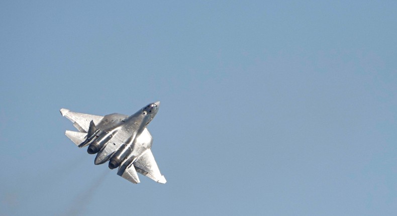 A Russian Su-57 fighter jet makes a demonstration flight during the opening of the MAKS-2021 International Aviation and Space Salon in Zhukovsky outside Moscow on July 20, 2021.AP Photo/Alexander Zemlianichenko