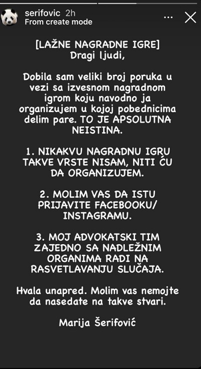 Marija Šerifović - objava 