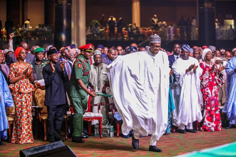 Buhari takes to the stage at the 10th  Bola Tinubu Colloquium (Presidency) 