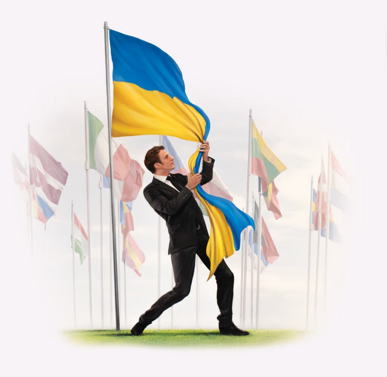 Ilustracja przedstawiająca Emmanuela Macrona z ukraińską flagą