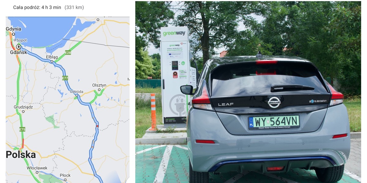 Nissan Leaf miał do pokonania ponad 330 km w jedną stronę. W teorii naładowane do pełna akumulatory wystarczą na taką podróż. 