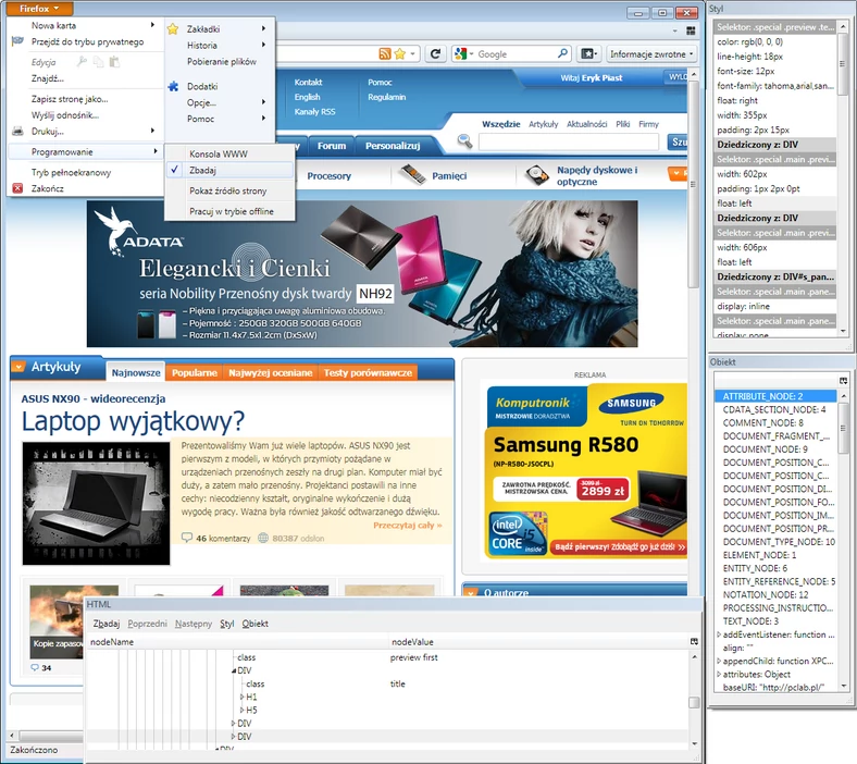 Inspektor drzewa DOM w nowym Firefoksie... jest. Jednak na razie jest mało funkcjonalny i nie działa perfekcyjnie. Cóż, trzeba pamiętać, że to tylko wersja beta
