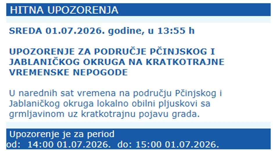 Hitno upozorenje RHMZ