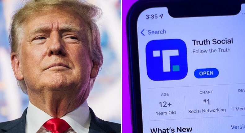 Donald Trump (left) and a phone displaying his social media app, Truth Social.