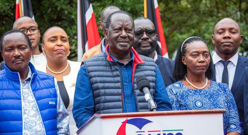 Raila Odinga, Martha Karua, Kalonzo Musyoka and other Azimio leaders addressing the press on President William Ruto's performance