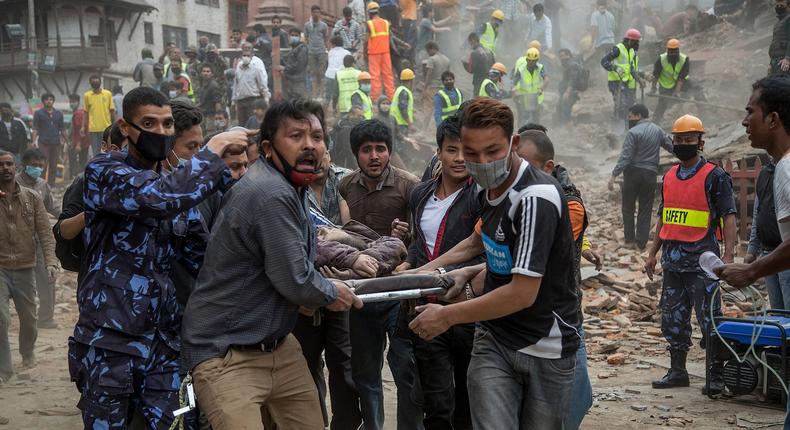 A victim is being rescued from the quake scene in Nepal.