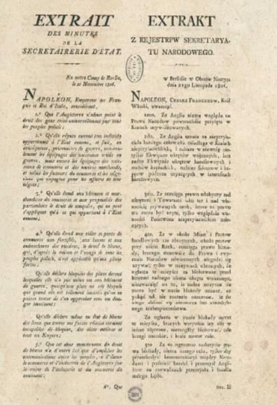 21 listopada 1806, Napoleon Bonaparte podpisał w Berlinie dekret wprowadzający blokadę kontynentalną - domena publiczna