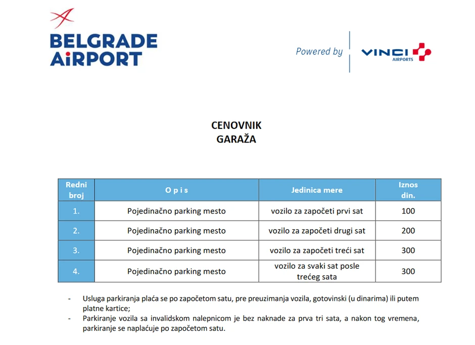 Cenovnik parkinga na beogradskom aerodromu