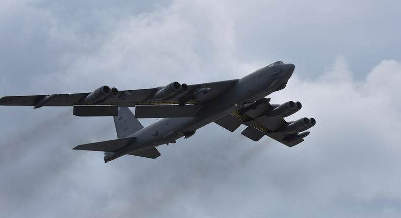 A U.S. Air Force B-52 Stratofortress takes off from Andersen Air Force Base (AFB), Guam, August 24, 2016.