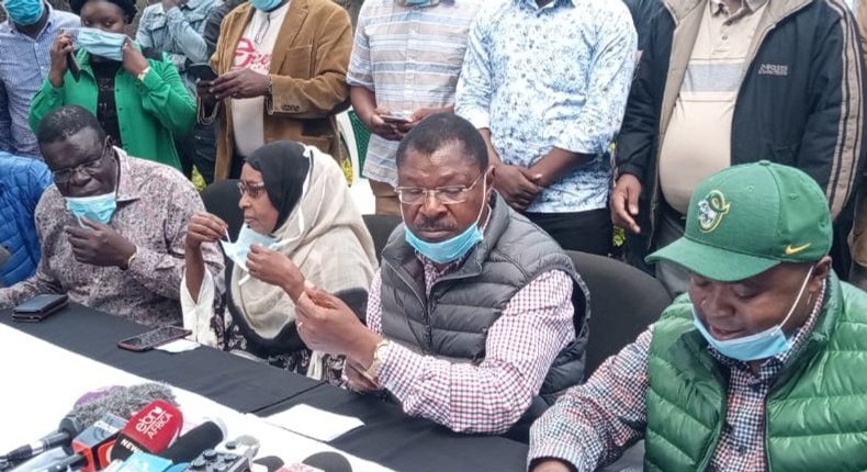 Bungoma Senator Moses Wetangula with politicians from Ford-Kenya party during a recent press briefing