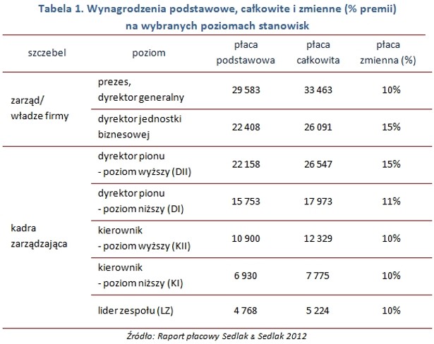 Wynagrodzenia podstawowe, całkowite i zmienne (% premii) na wybranych poziomach stanowisk