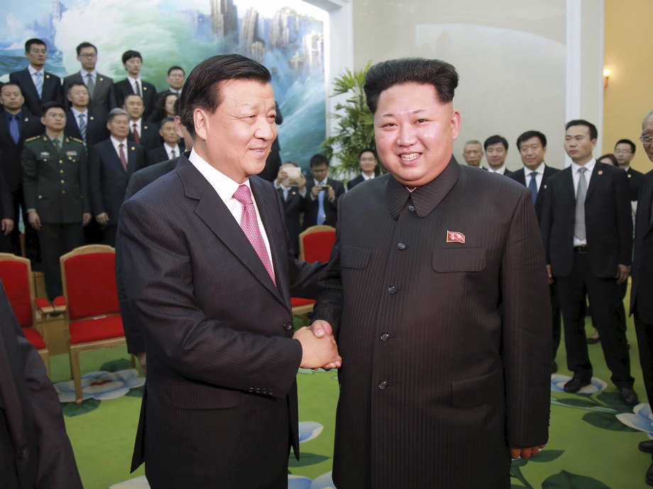 North Korean leader Kim Jong Un meets Liu Yunshan, then a member of China's governing Central Committee, in Pyongyang in 2015.