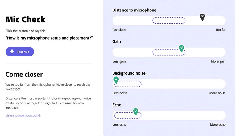 Adobe Mic Check wykrywa, kiedy mikrofon jest zbyt daleko od użytkownika