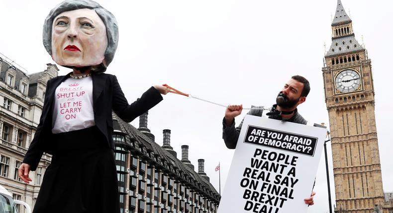 Anti-Brexit protesters outside Parliament on the day the Prime Minister triggered the process by which Britain will leave the European Union, in London, March 29, 2017.