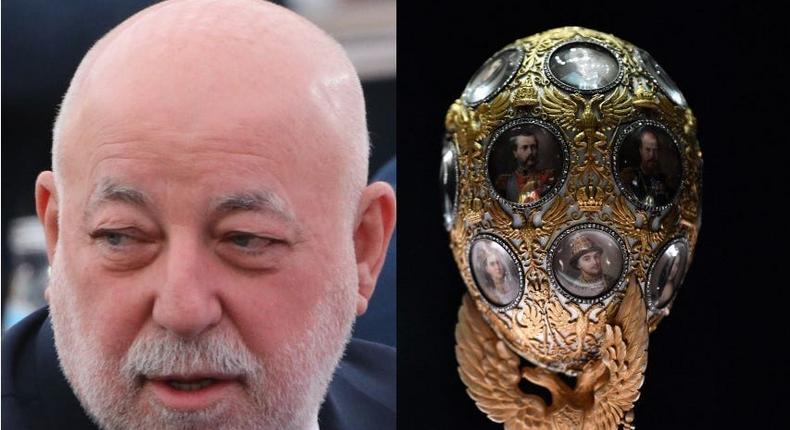 Viktor Vekselberg (left) and one of the Faberg Egg shown at the Victoria and Albert Museum during the 'Faberge in London: Romance to Revolution' exhibition.