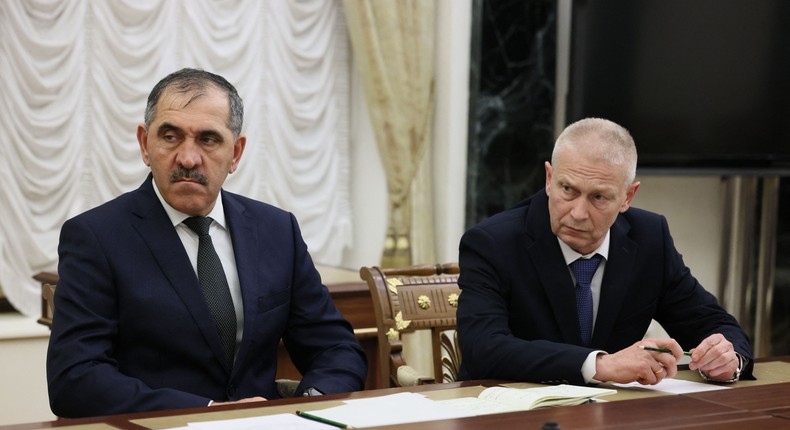 Deputy Defence Minister Yunus-bek Yevkurov, left, and new Wagner boss Andrei Troshev, right, meet Russian President Vladimir Putin (not pictured) at the Kremlin in Moscow.MIKHAIL METZEL/POOL/AFP via Getty Images