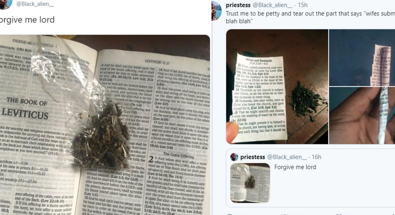 Angry feminist tears out part of the Bible asking women to be submissive, uses it to smoke wee