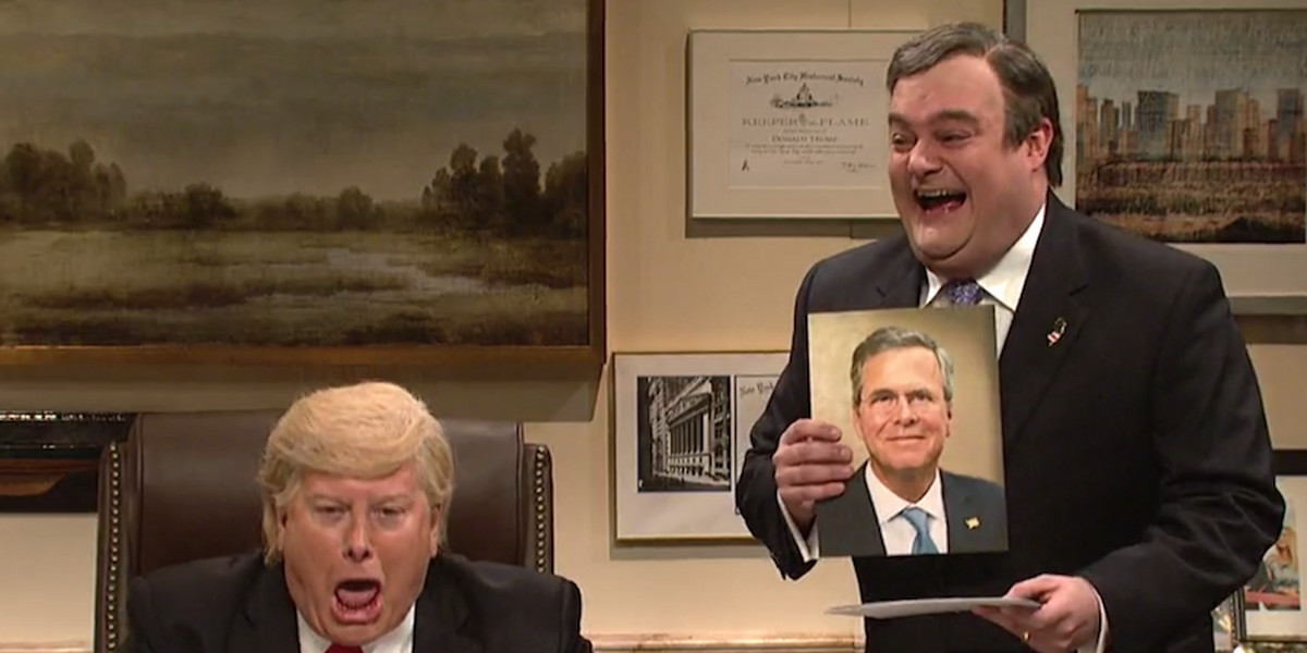 Darrell Hammond as Donald Trump, left, and Bobby Moynihan as Chris Christie on "SNL."