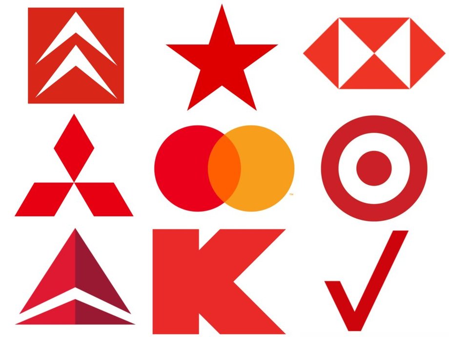 Nieopisowe logo, przykłady. Od lewej, od góry: Citroen, sieć handlowa Macy's, bank HSBC, Mitsubishi, Mastercard, sieć handlowa Target, linie lotnicze Delta, sieć handlowa K-Mart, telekom Verion