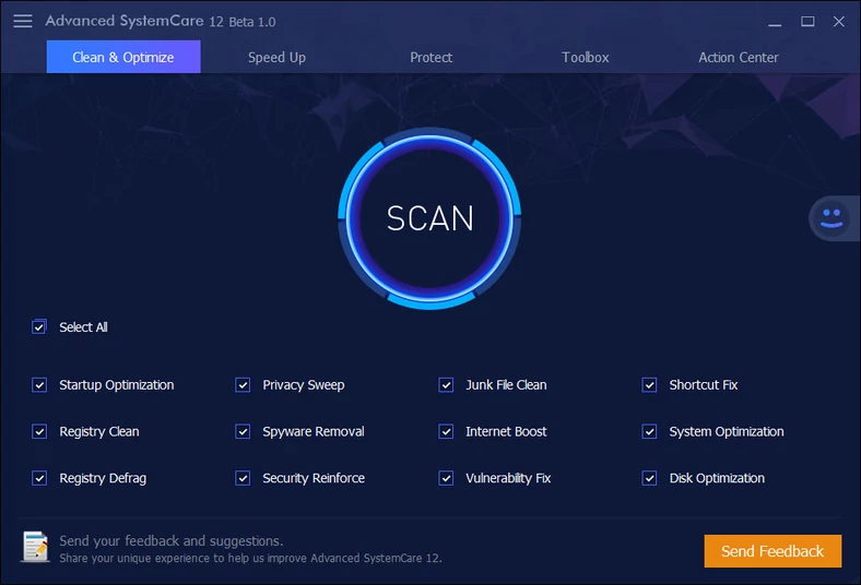 Główne okno zaawansowanego programu do optymalizacji systemów operacyjnych Windows - Advanced SystemCare 12 Beta