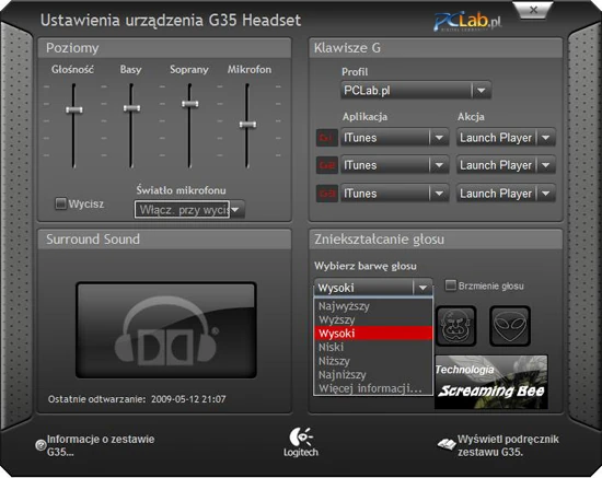 Natężenie barwy modulowanego głosu oraz aktywny tryb stereo