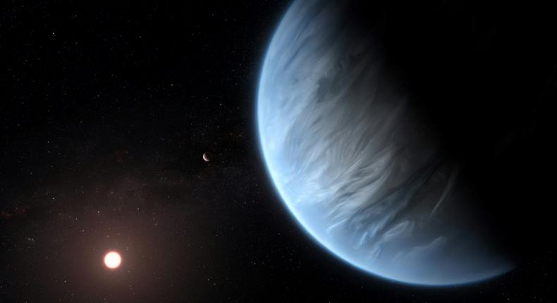 An ESA/Hubble artist's impression of the K2-18b super-Earth, the only super-Earth exoplanet known to host both water and temperatures that could support life
