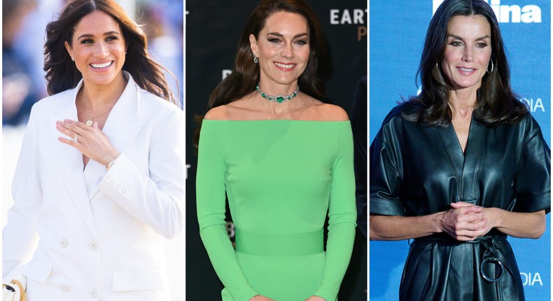 Meghan Markle at the 2022 Invictus Games on April 15, 2022; Kate Middleton at the 2022 Earthshot Prize ceremony on December 2, 2022; Queen Letizia of Spain the Retina Eco Awards on June 23, 2022.Samir Hussein/WireImage, Karwai Tang/WireImage; Carlos Alvarez/Getty Images