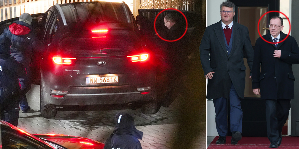 Mariusz Kamiński i Maciej Wąsik opuszczają posterunek policji na ul Grenadierów 
