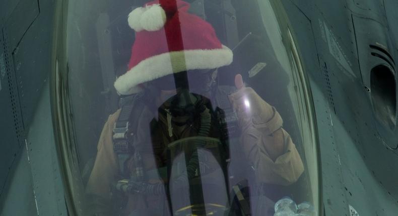 A US F-16 pilot over Iraq wears a Santa hat during strikes against ISIS on Christmas Day, December 25, 2016.